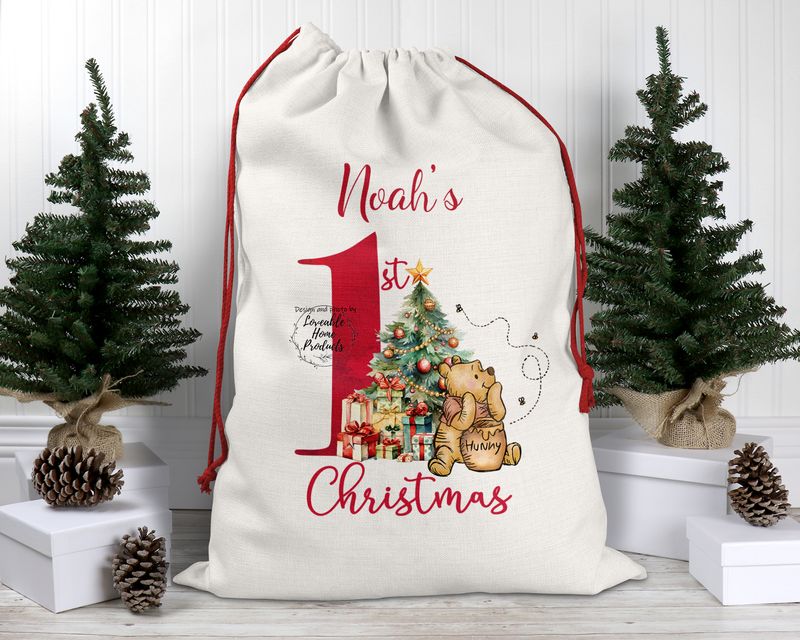 Personalised Santa Sack, Christmas Sack, Personalised Christmas Sack - Name, Initial Christmas Gift Bag, Christmas Keepsake Winnie first christmas theme Personalised Santa Sack, Christmas Sack, Personalised Christmas Sack - Name, Initial Christmas Gift Bag, Christmas Keepsake Winnie first christmas theme