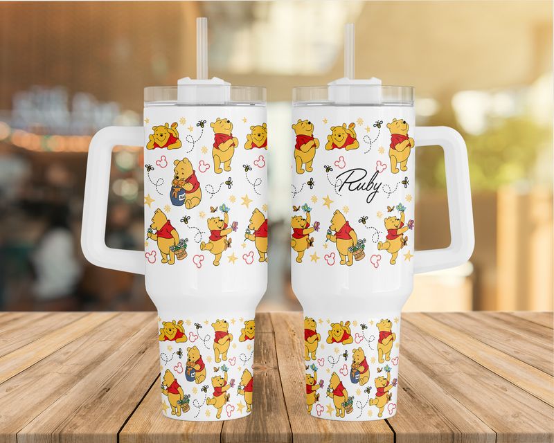 40oz personalised insulated tumbler with handle lid and straw winnie the pooh design boxed gift