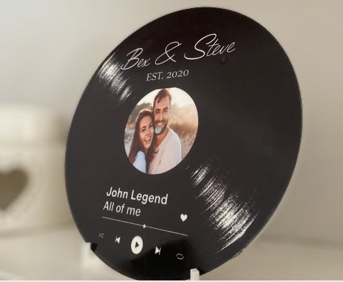 Personalised vinyl style record with stand photo and favourite song. Two sizes