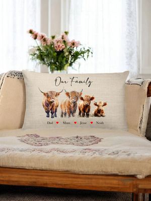 Personalised family herd highland cow lumbar rectangle linen cushion family sofa display cushion with filling Personalised family herd highland cow lumbar rectangle linen cushion family sofa display cushion with filling