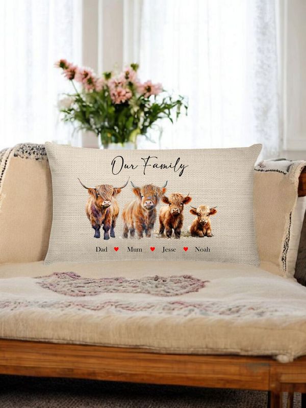 Personalised family herd highland cow lumbar rectangle linen cushion family sofa display cushion with filling