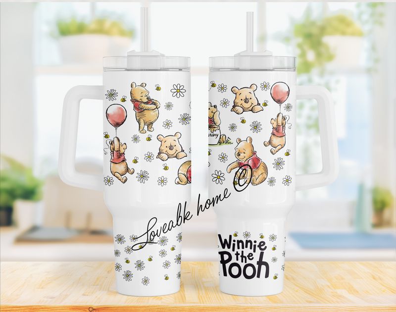 40oz personalised insulated tumbler with handle lid and straw winnie the pooh design boxed gift
