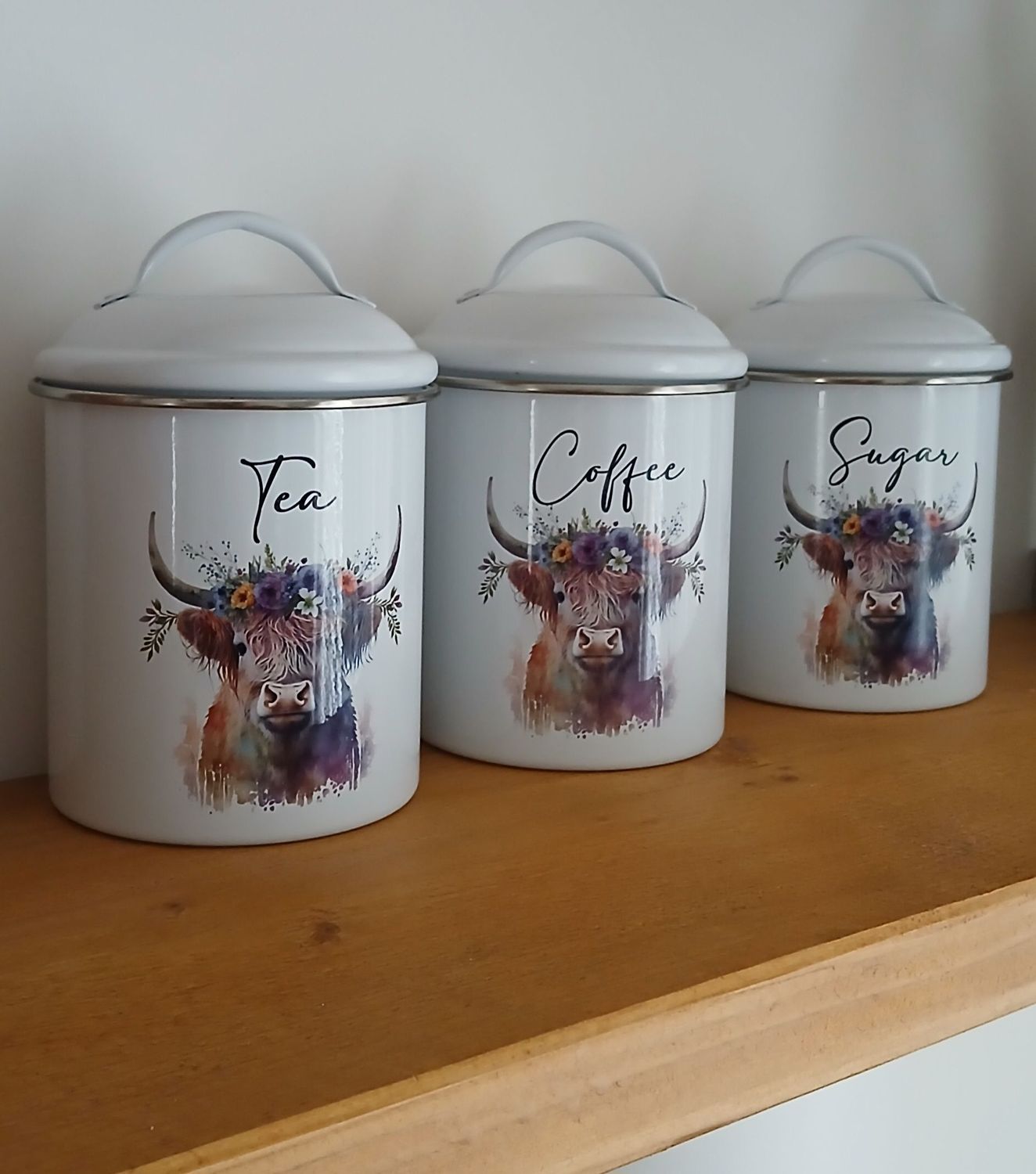 Personalised Metal Cannisters Tea Coffee Sugar Lid Highland Cow Add Text Sealed Airtight Set of 3