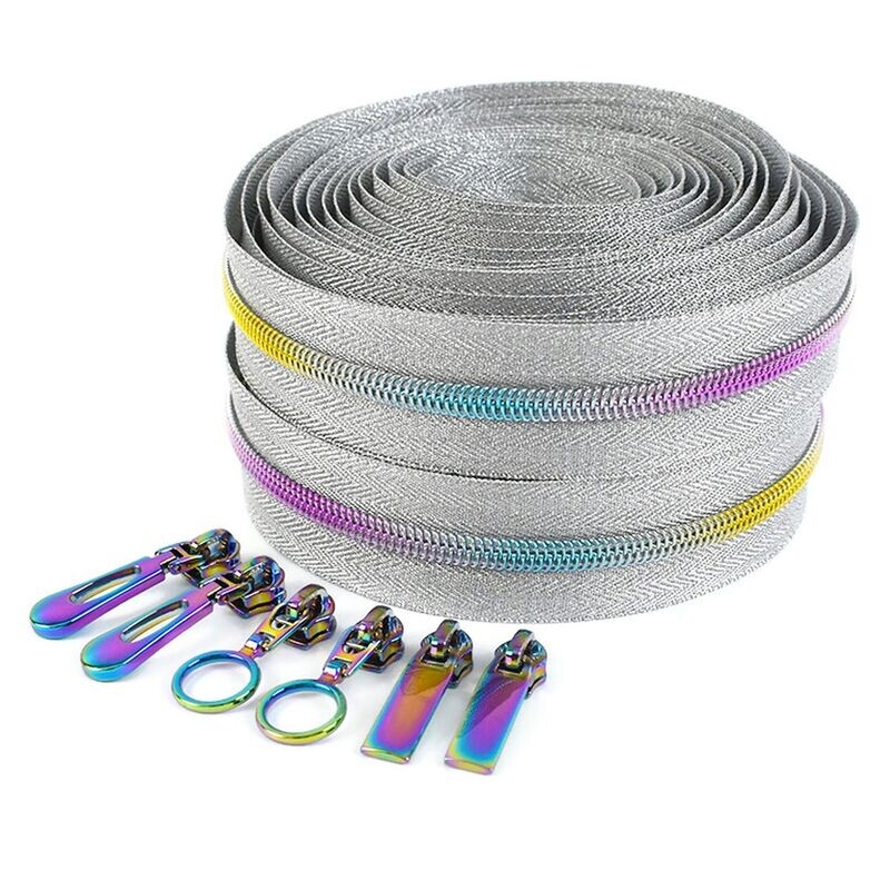 Silver Continuous Zip Chain Rainbow teeth - Nylon Continuous #5 Zip  (NO SLIDERS)