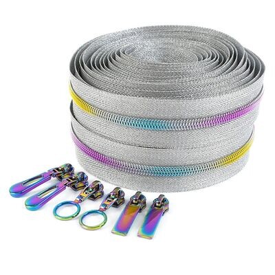 Silver Continuous Zip Chain Rainbow teeth - Nylon Continuous #5 Zip (NO SLIDERS)
