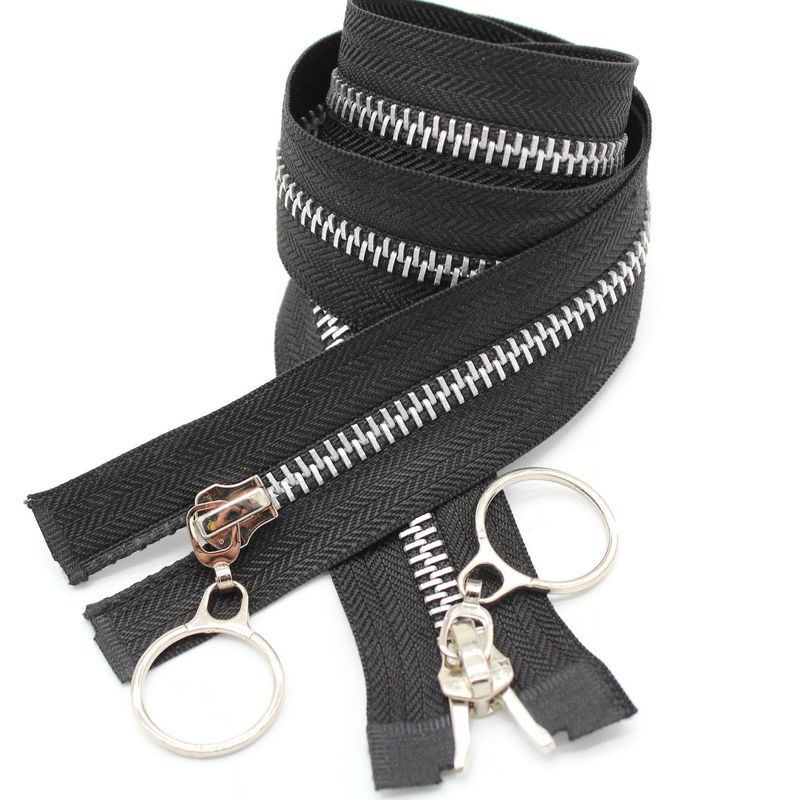 2-way no 5 metal zipper for coats, jackets and fleeces. 2 way black zip with silver metal teeth
