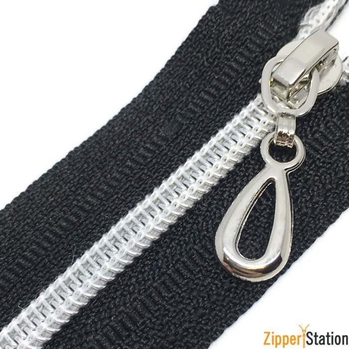 Decorative Nylon Open End #5 Zips, Colour: Black/Silver Teeth