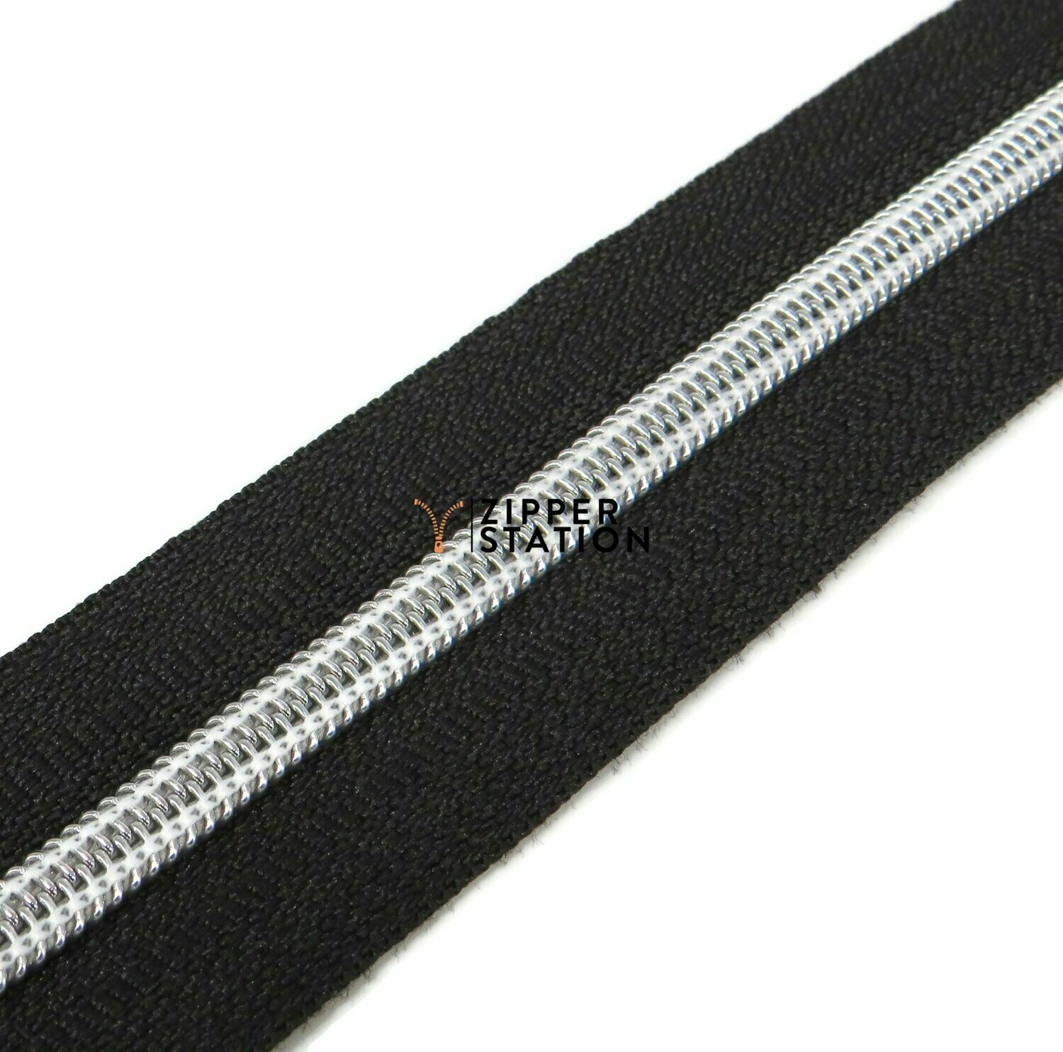 Nylon Continuous #5 Zip - Silver Teeth (NO SLIDERS) Nylon Continuous #5 Zip - Silver Teeth (NO SLIDERS), Colour: Black with Silver Teeth