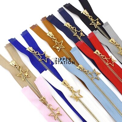 Polished Gold Closed End #3 Zips - Star Puller Polished Gold Closed End #3 Zips - Star Puller