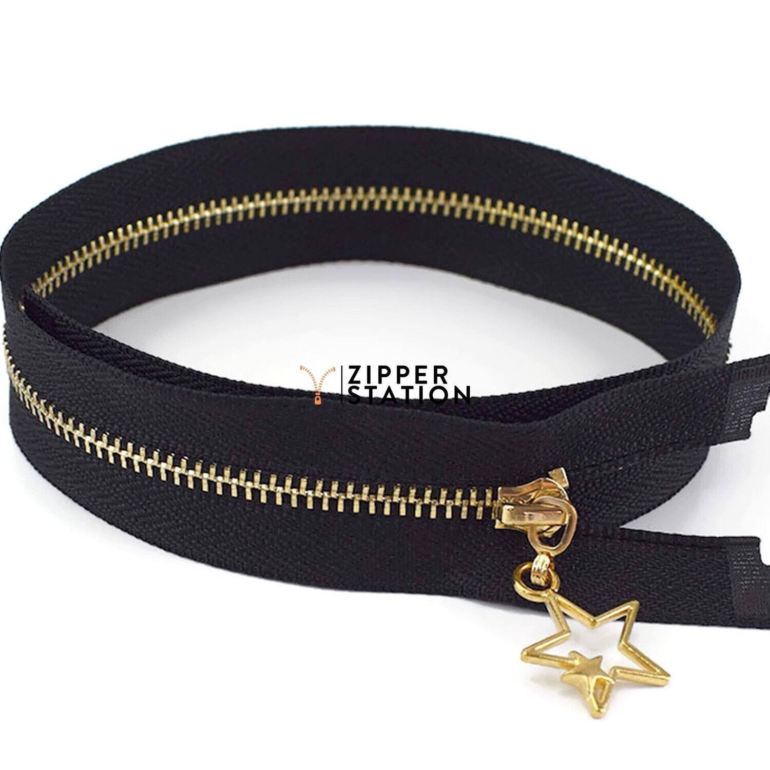Polished Gold Closed End #3 Zips - Star Puller Polished Gold Closed End #3 Zips - Star Puller, Colour: Black