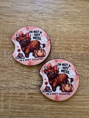 Highland Cow I’m Not A Hot Mess Car Coasters