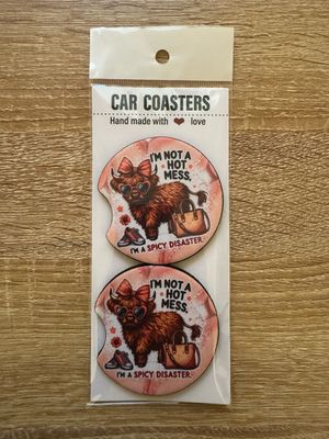 Highland Cow I’m Not A Hot Mess Car Coasters