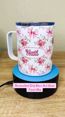 Personalized Girly Bows And Roses Travel Mug
