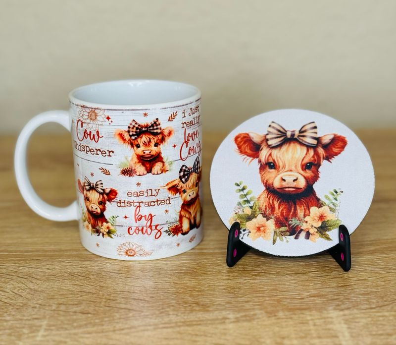 Cute Brown Highland Cow With Matching Mug Coaster Set