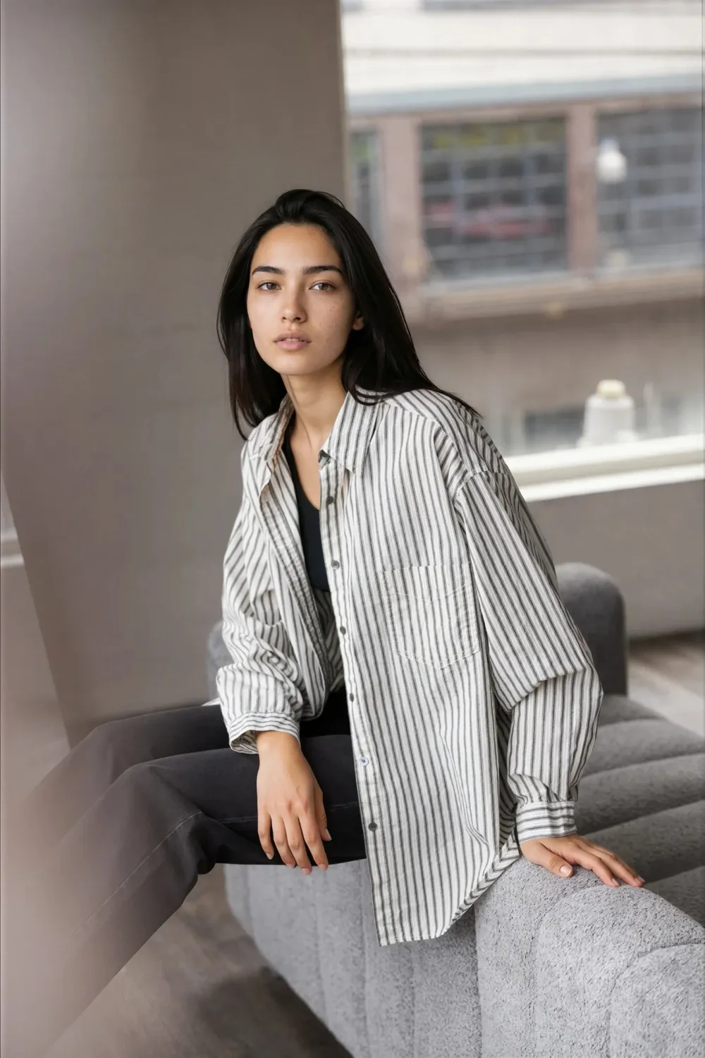 Oversized Stripe Shirt, Color: Black, Size: O/S