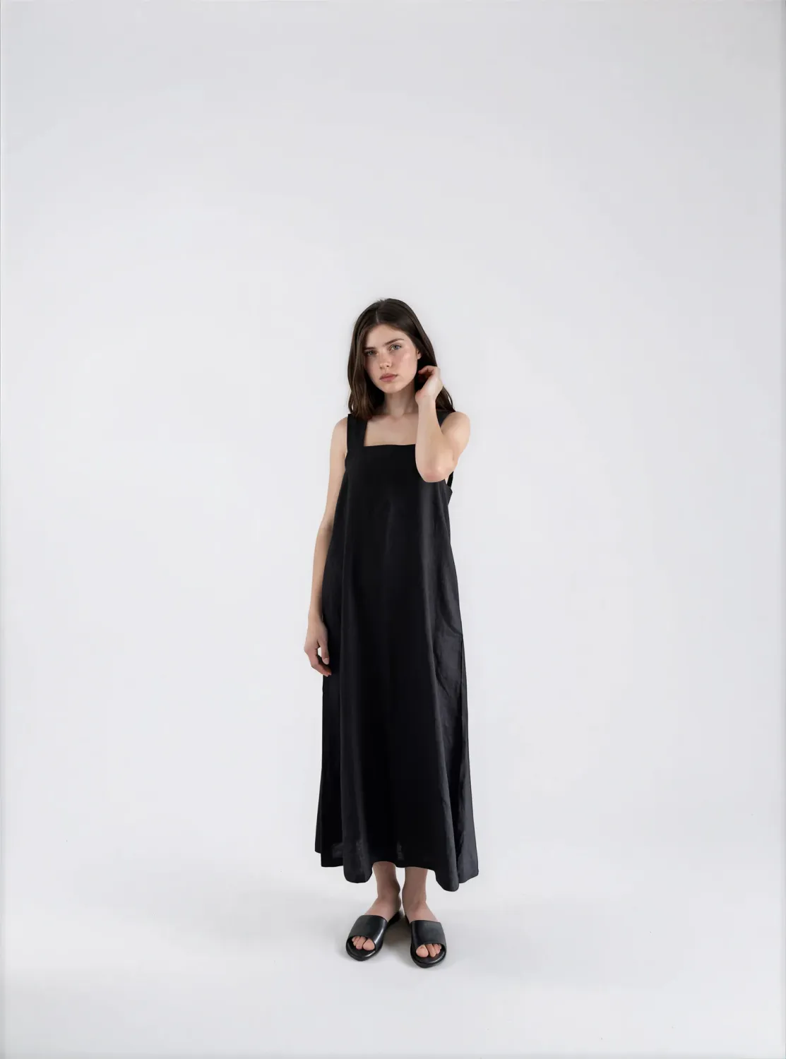 Linen Strap Dress, Color: Black, Size: S