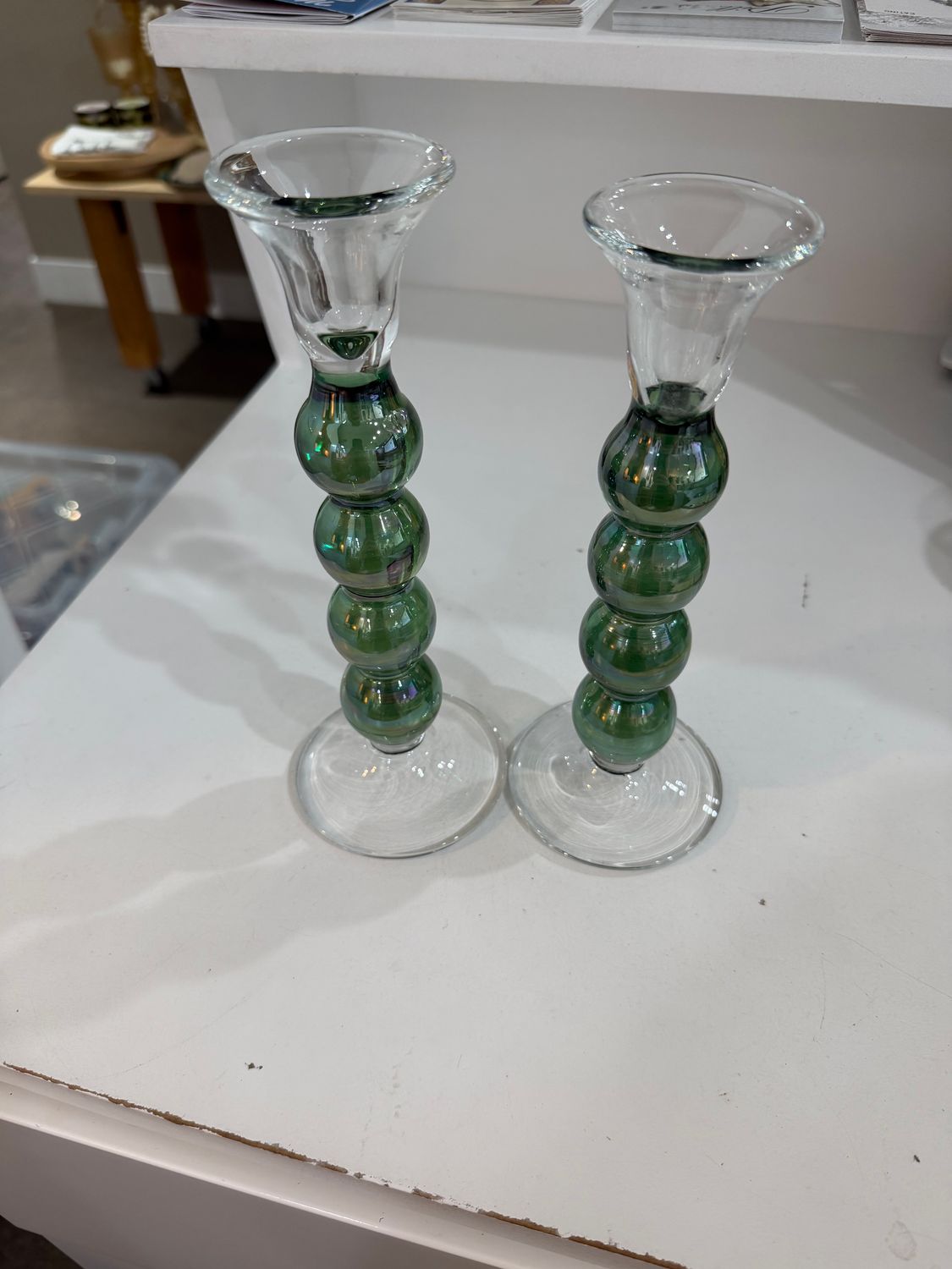 Vintage Green Bubble Glass Candlesticks (Set of 2)