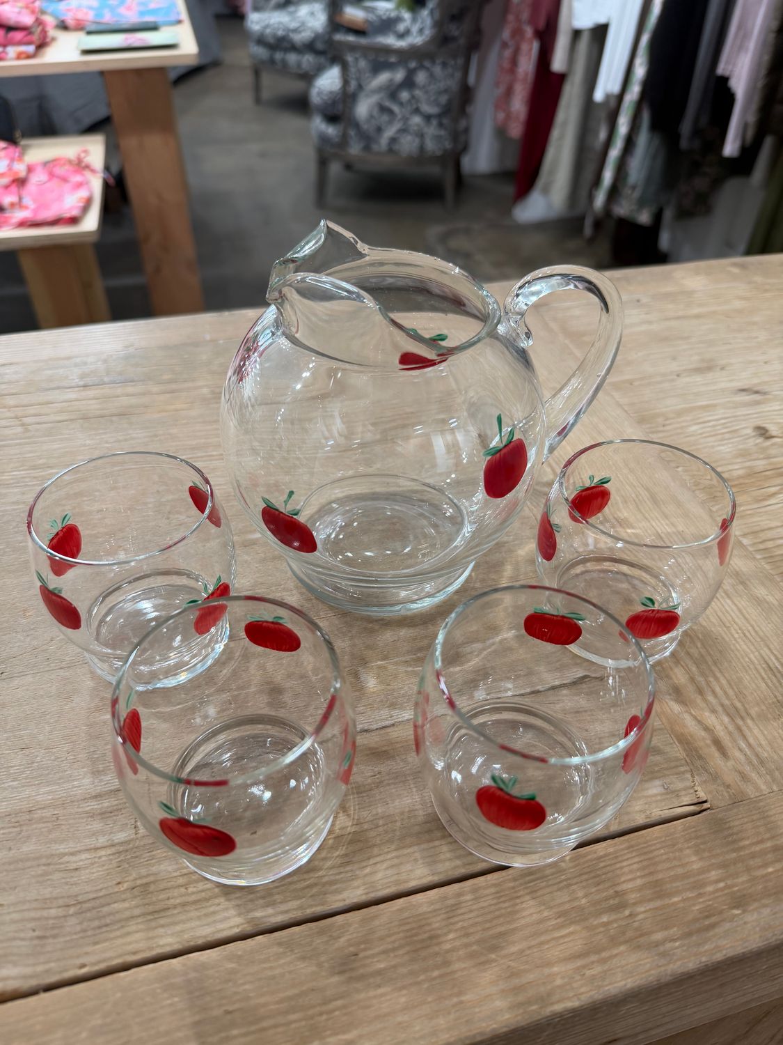 Vintage Hand Painted Tomato Glass Pitcher and Glasses