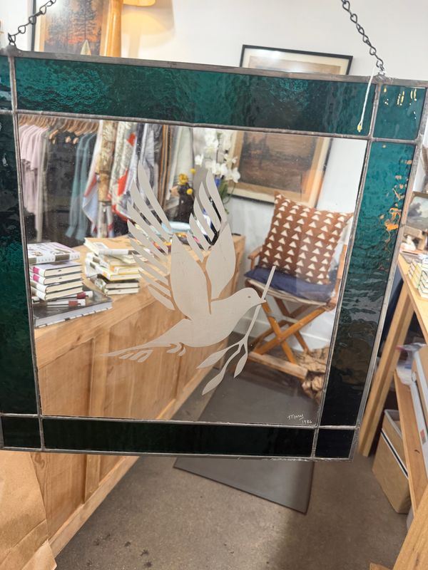 Vintage Stain Glass - Peace Dove with Green Border