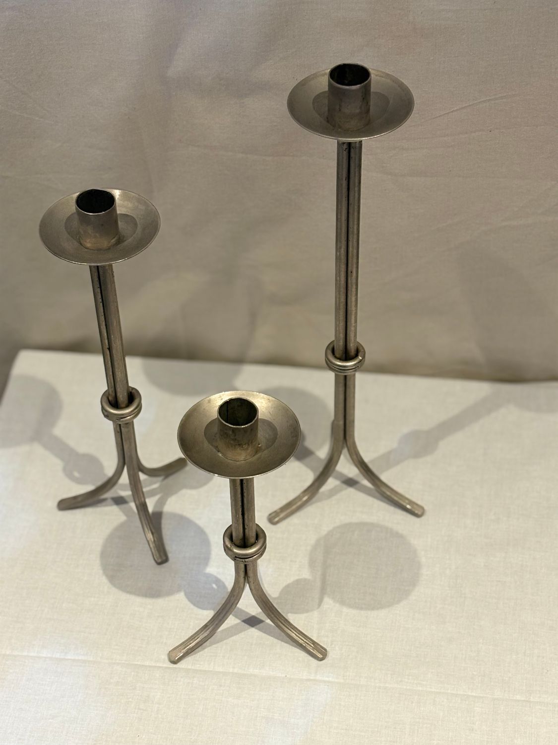 Set of 3 Vintage Modernist Metal Candlesticks