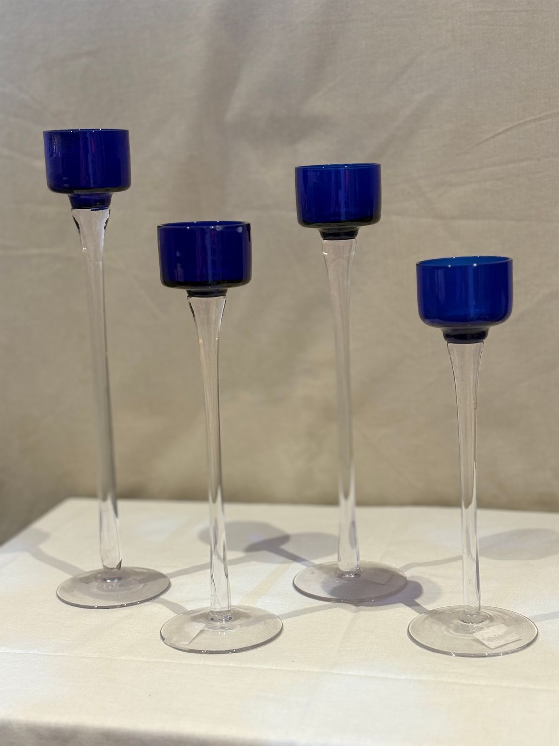 Set of 4 Vintage Cobalt Blue Art Glass Candlesticks