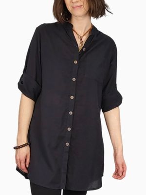 Tunic Button Up Blouse, Color: Black, Size: S/M