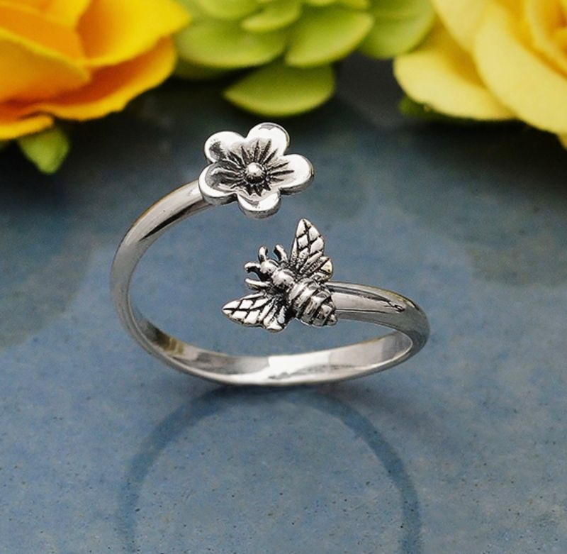 Adjustable Bee and Cherry Blossom Ring