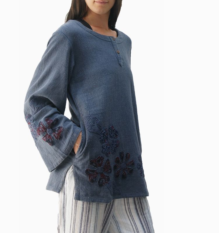 Flower Top Long Bell Sleeve Cotton Blouse
