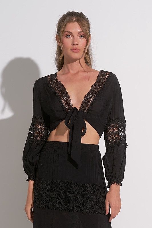 Crochet Lace Tie Top - Black
