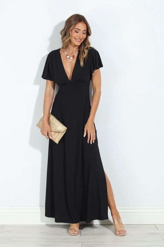 Black Open Back Deep V Maxi