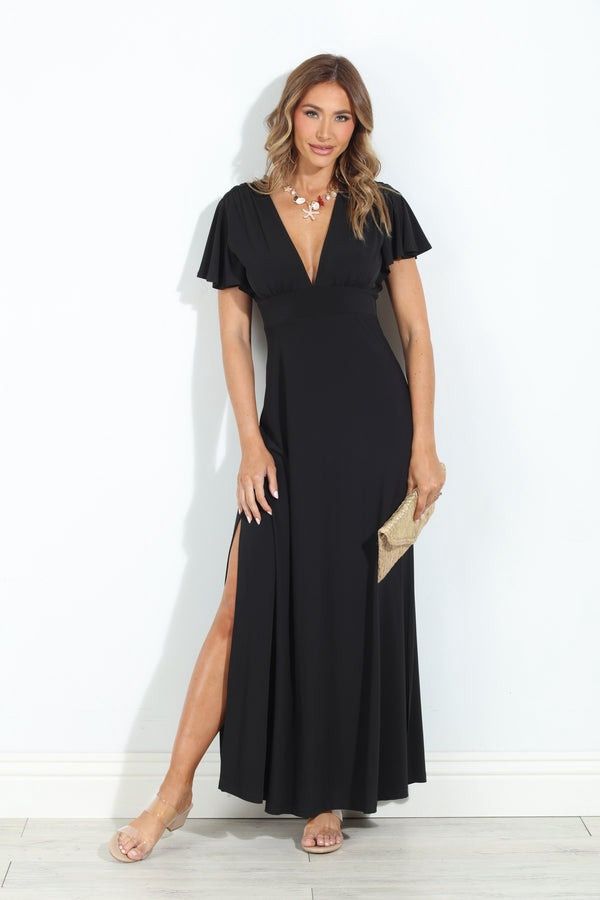 Black Open Back Deep V Maxi