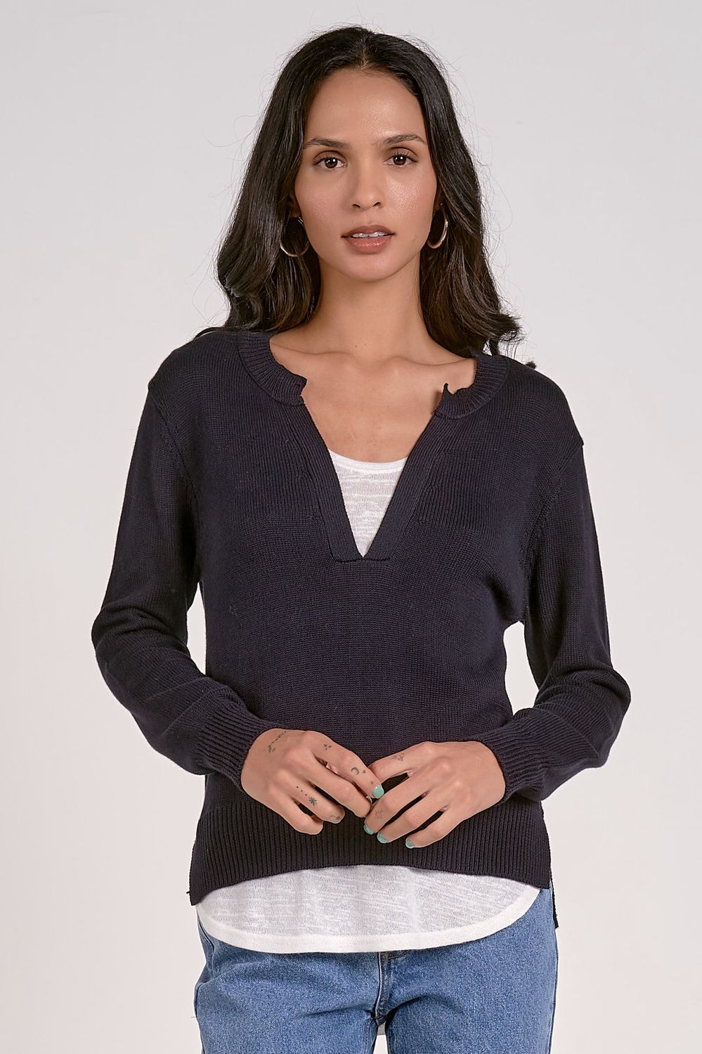 Layered V-neck Sweater - Navy