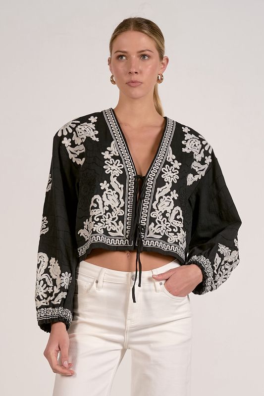 Tie Front Embroidered Jacket