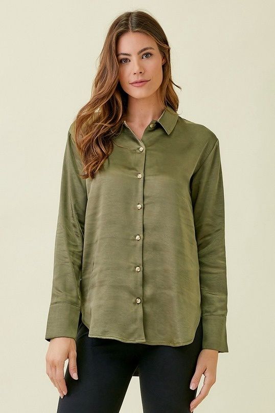 Satin Button Down - Olive