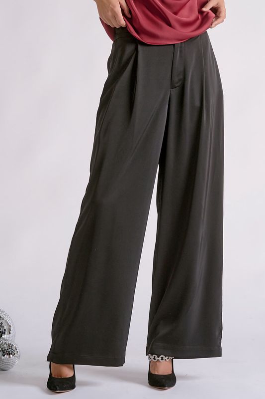 Pleated Wide Leg Satin Pants