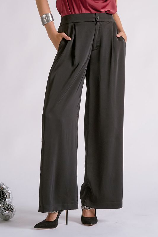 Pleated Wide Leg Satin Pants