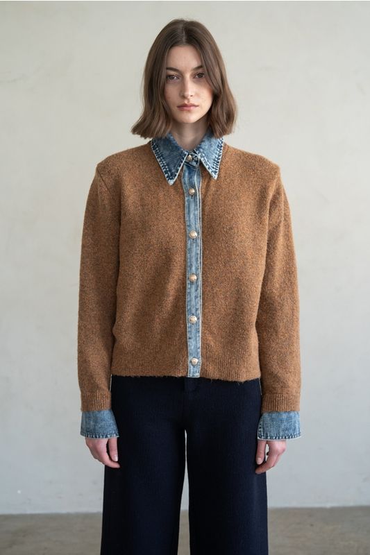 Denim Trim Cardi/jacket - Mocha