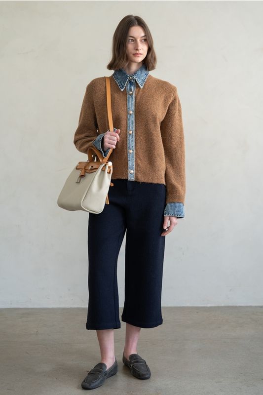 Denim Trim Cardi/jacket - Mocha