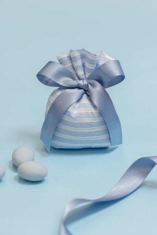 SACCHETTO BOMBONIERA IN COTONE RIGATO AZZURRO E BIANCO ARTIGIANALE
