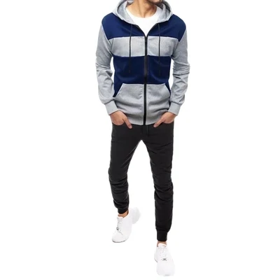 Men Casual Long Sleeve Hat Rope Zipper Graphic Printed Color Blocking Hoodie And Drawstring Waist Jogger Pants Two-Piece Set