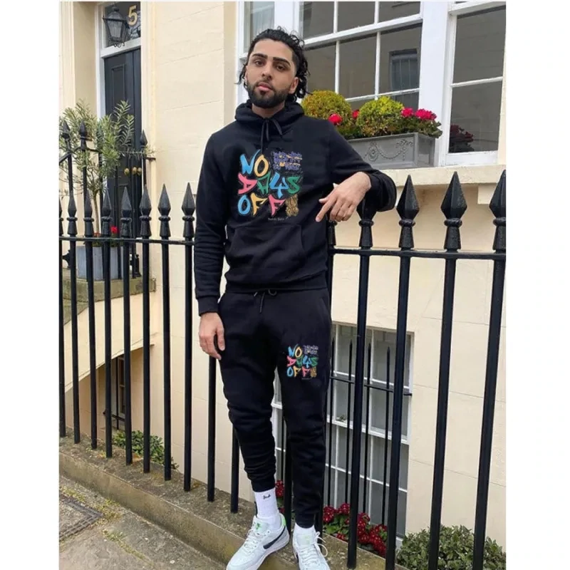 Men Casual Basic Solid Long Sleeve Hat Rope Pocket Design Letter Print Hoodie And Drawstring Waist Jogger Pants Two-Piece Set
