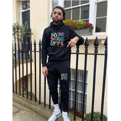 Men Casual Basic Solid Long Sleeve Hat Rope Pocket Design Letter Print Hoodie And Drawstring Waist Jogger Pants Two-Piece Set