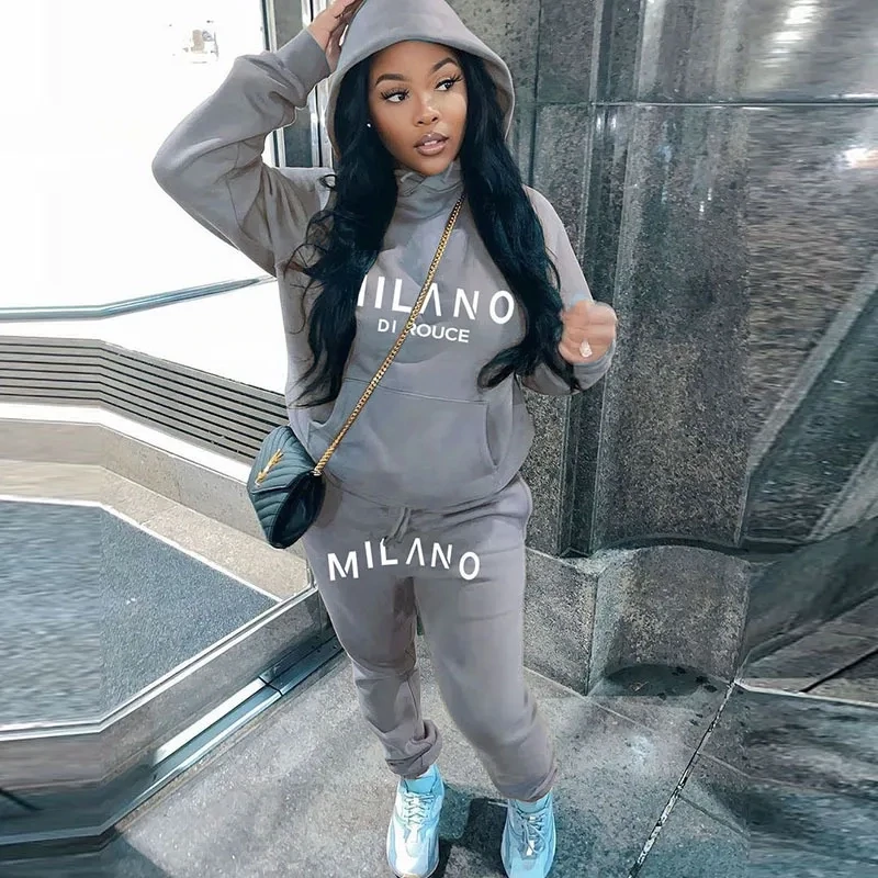 Autumn And Winter Women Loose Casual Letter Printing Long-Sleeved Hooded Sweat Pants Two-Piece Set