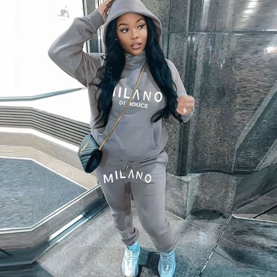 Autumn And Winter Women Loose Casual Letter Printing Long-Sleeved Hooded Sweat Pants Two-Piece Set