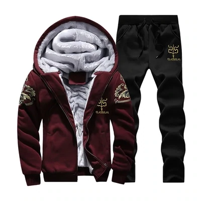 Men Autumn Winter Fashion Casual Letter Floral Fleece Zipper Hoodies Pants Plus Size Sets