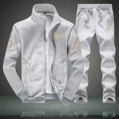 Men Autumn Winter Fashion Casual Floral Zipper Stand Collar Long Sleeve Coat Pants Plus Size Sets