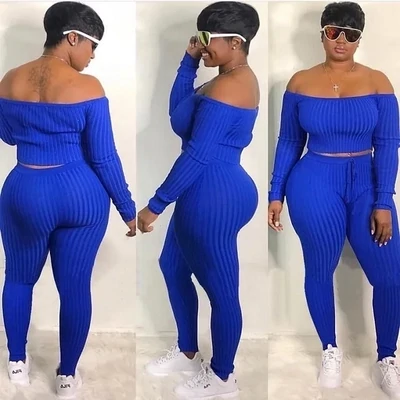 Off-The-Shoulder Crop Top And Skinny Pants Sports Two-Piece Set