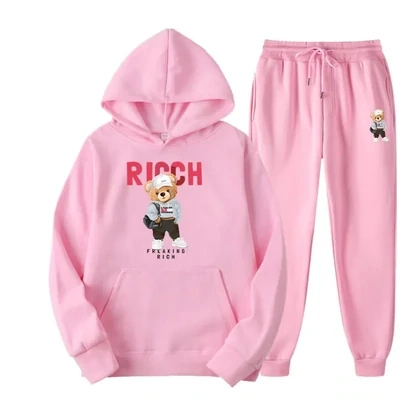Casual Letters Carto Bear Round Neck Hoodies Trousers Set