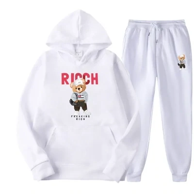 Casual Letters Carto Bear Round Neck Hoodies Trousers Set