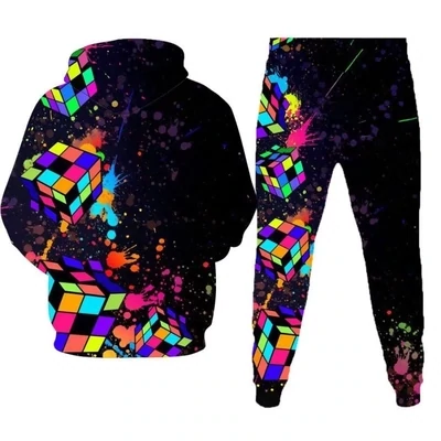 3d Rubik&#39;S Cube Print Hooded Long-Sleeved Sweater Mid-Waist Tethered Jogger Pants Set
